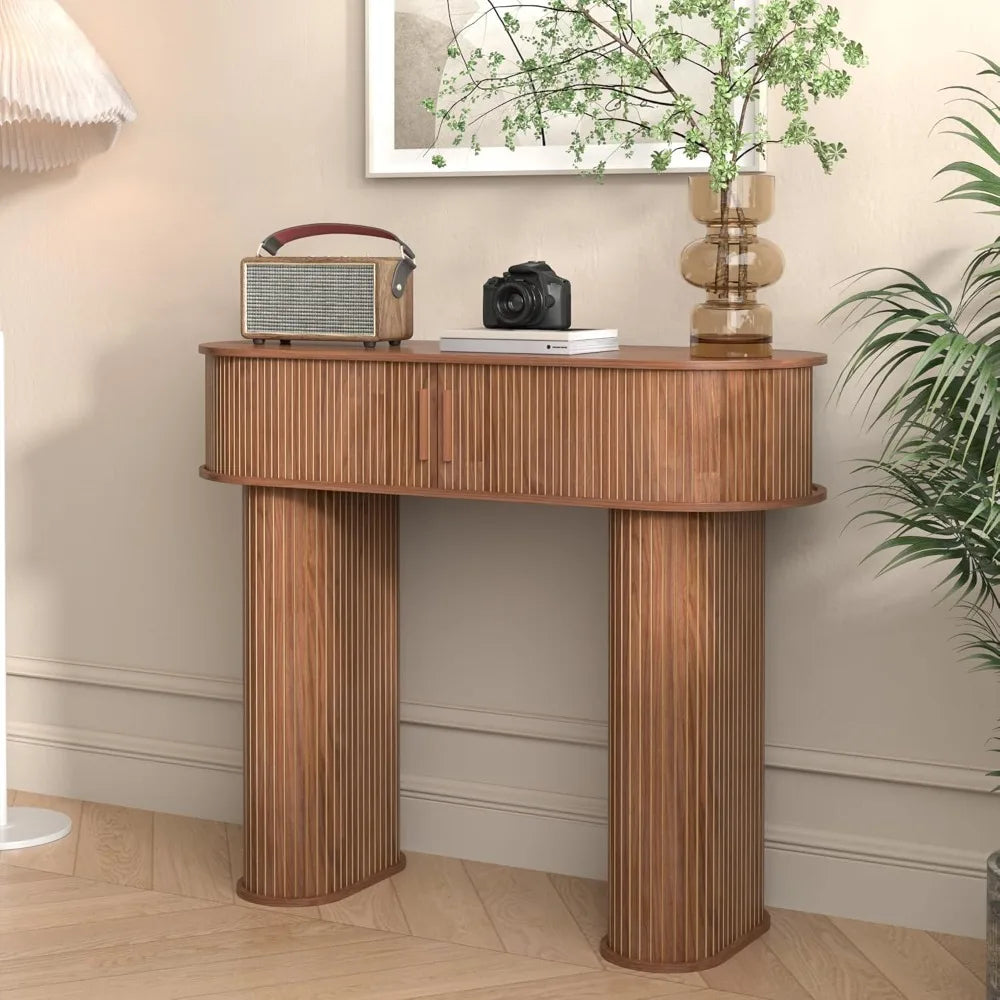 Round Fluted Console Table – Walnut Mid-Century Modern Entryway Table for Hallway & Living Room
