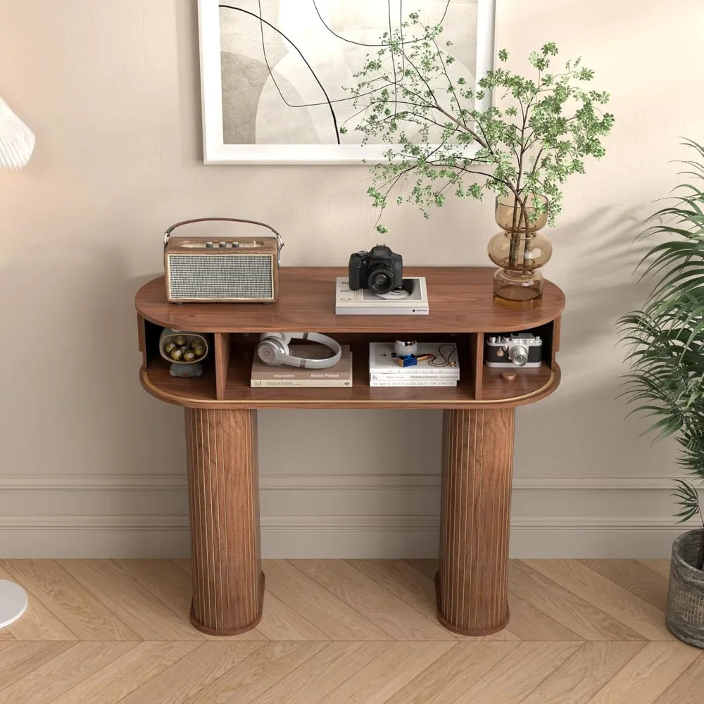 Round Fluted Console Table – Walnut Mid-Century Modern Entryway Table for Hallway & Living Room