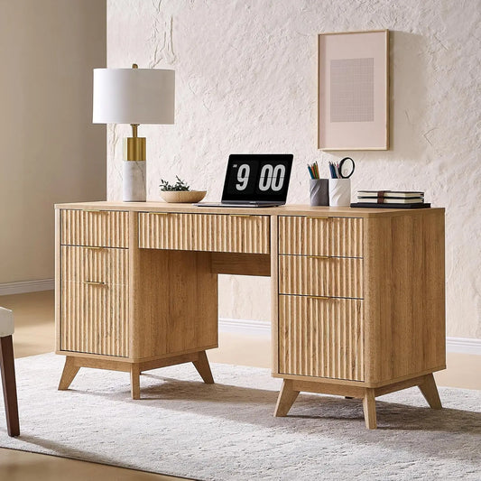 60” Fluted Executive Desk with Drawers – Walnut Modern Office Desk with Charging Station & File Cabinet