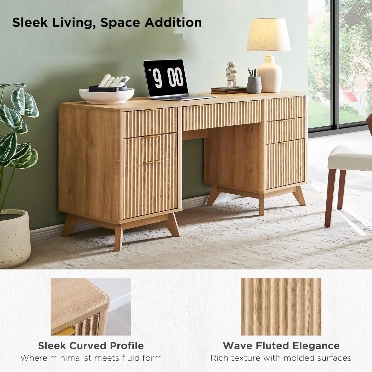 60” Fluted Executive Desk with Drawers – Walnut Modern Office Desk with Charging Station & File Cabinet