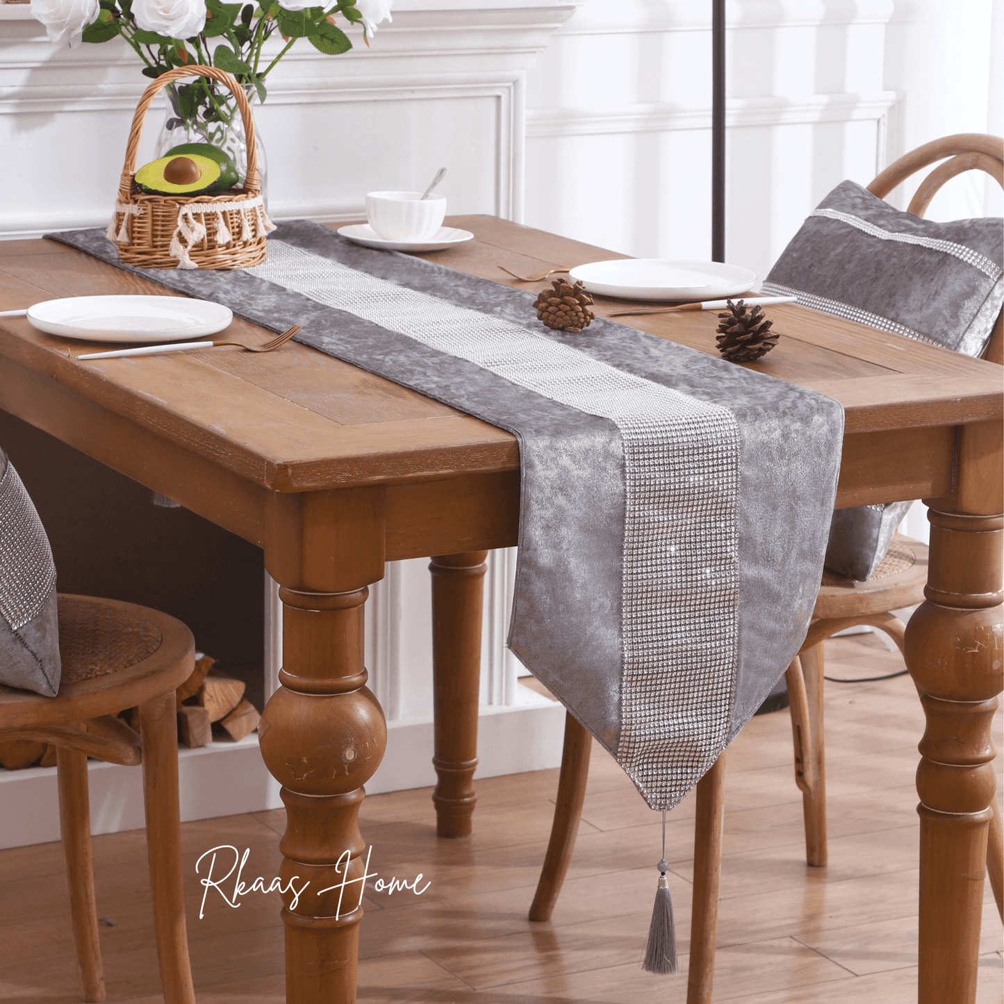 Silver Grey Crushed Ice Velvet Diamante Table Runner 32x180cm-0