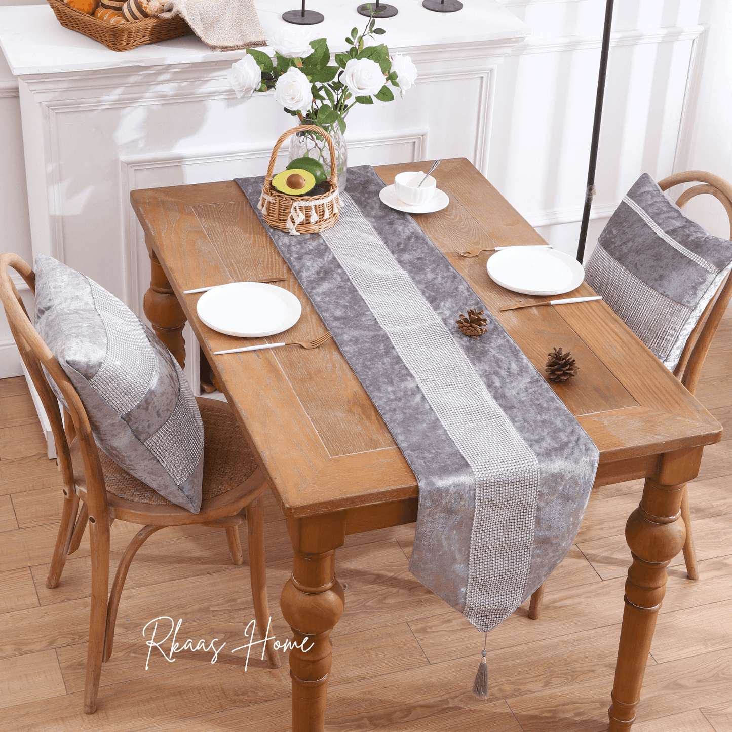 Silver Grey Crushed Ice Velvet Diamante Table Runner 32x180cm-1