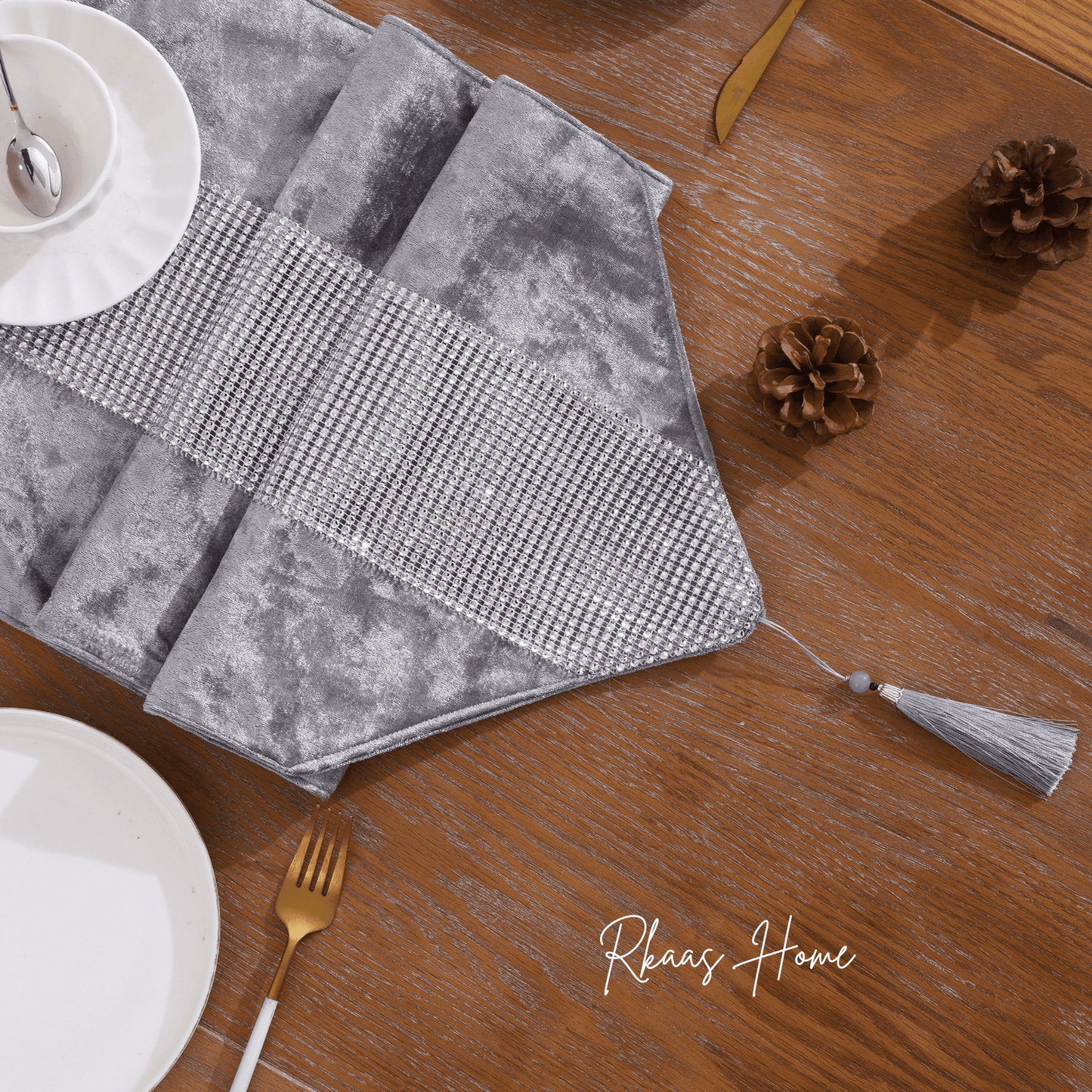 Silver Grey Crushed Ice Velvet Diamante Table Runner 32x180cm-2