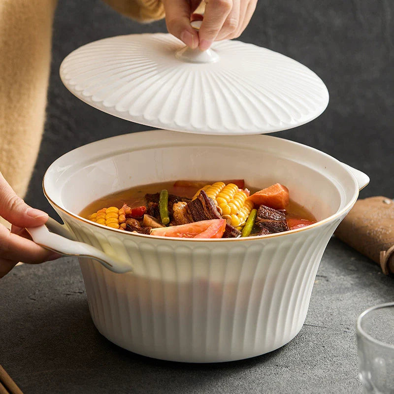Luxury Bone China Gold-Rimmed Soup Casserole with Lid