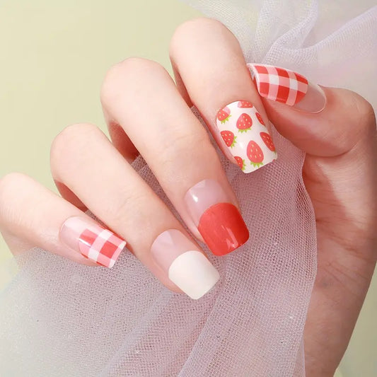Red White Gel Nail Stickers Set of 16 Abstract Geometric Design Long Lasting Up To 14 Days