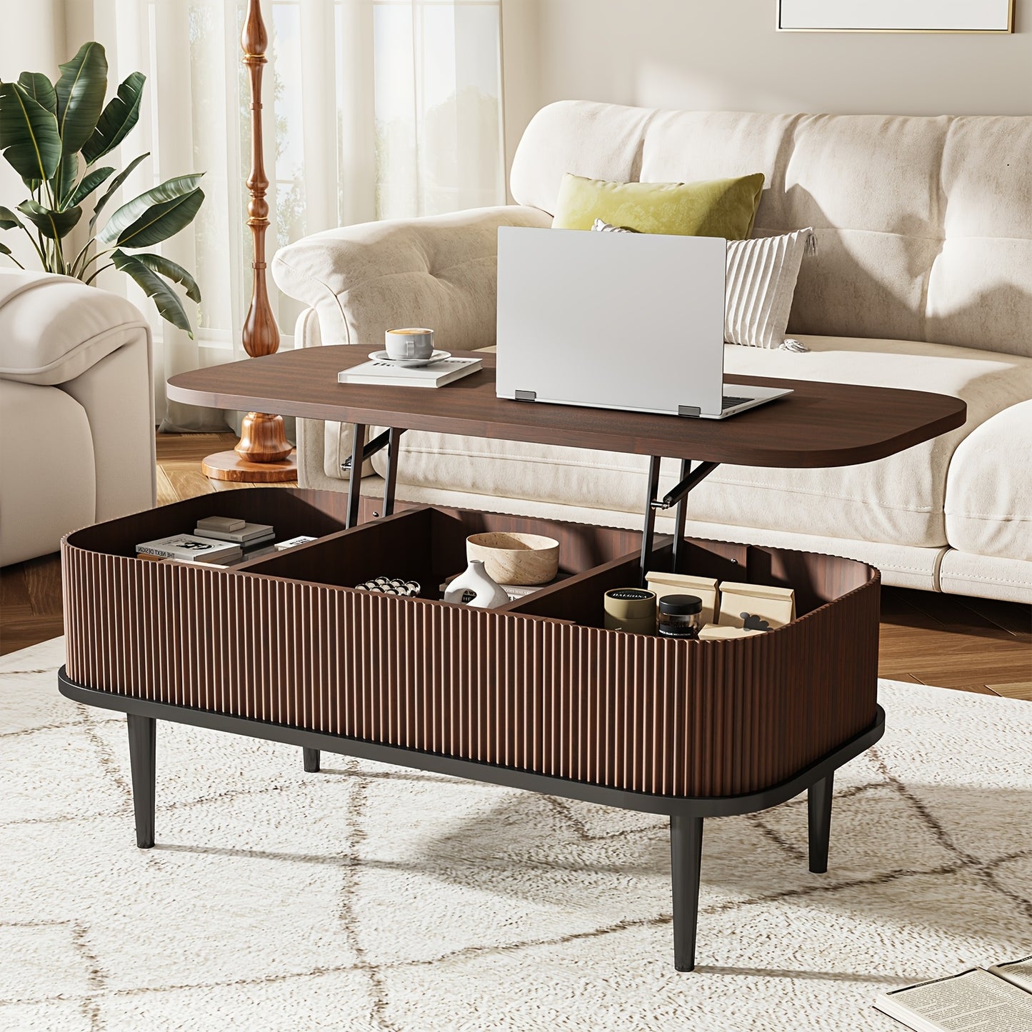Lift-Top Coffee Table – Modern Oval Center Table with Storage (Walnut & Black)