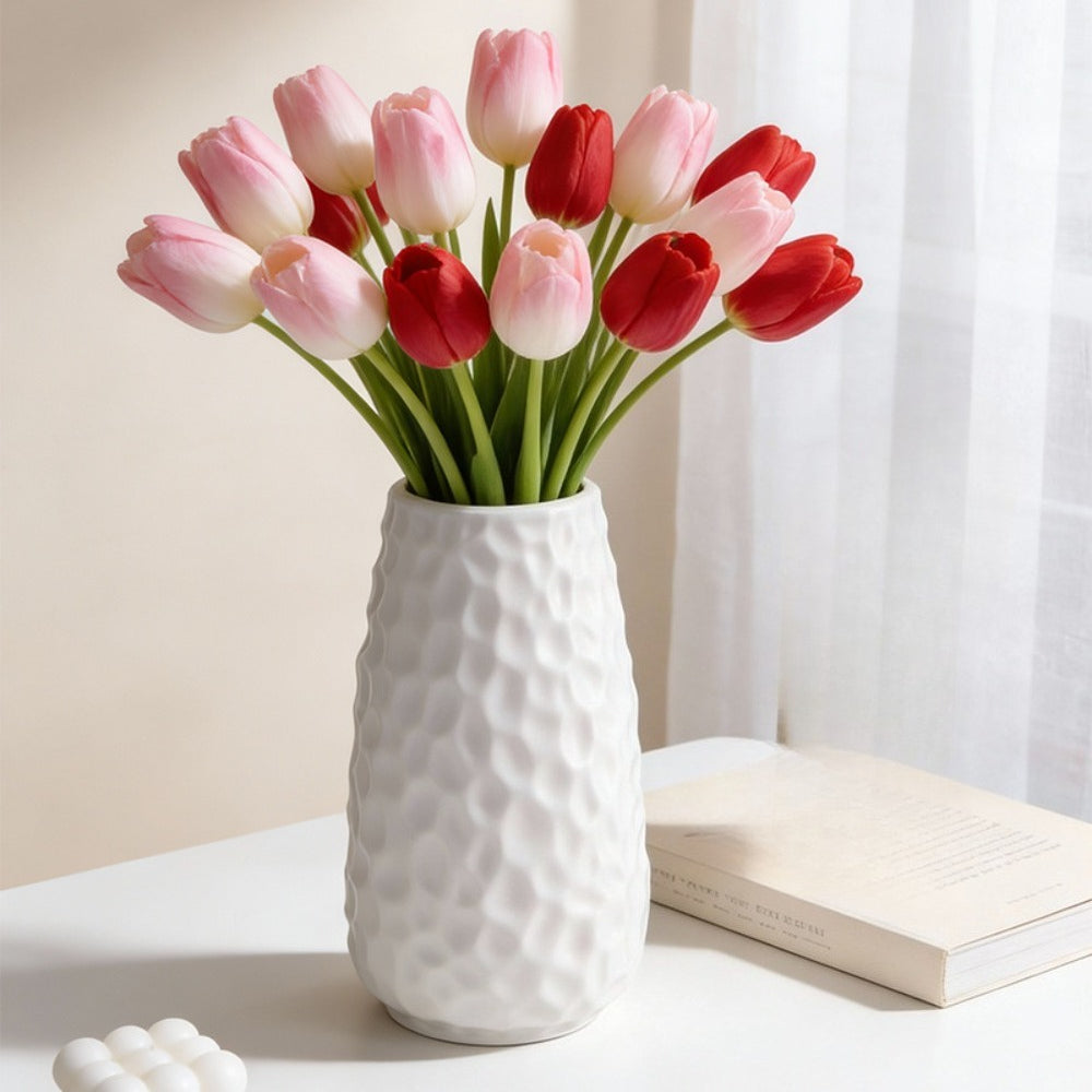 Modern Nordic Bohemian White Hammered Wave Vase - Round Cylindrical Hammered Texture Centerpiece Suitable for Dried Flowers, Artificial Gemstones, Wedding,, Home Decor - Elegant Tabletop Vase for Centerpiece, Plastic Vase