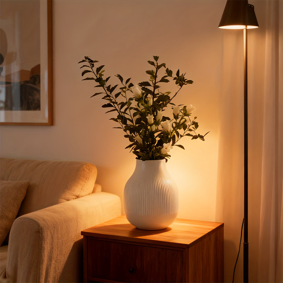 [Elegant Design Vase] White Modern Vase 1pc - Textured Body & Smooth Base, Minimalist Round Flower Vase for Fresh/Dried Flowers, Durable Plastic Home Decor for Living Room, Dining Table, Bedroom, Office, Wedding Gift & Holida