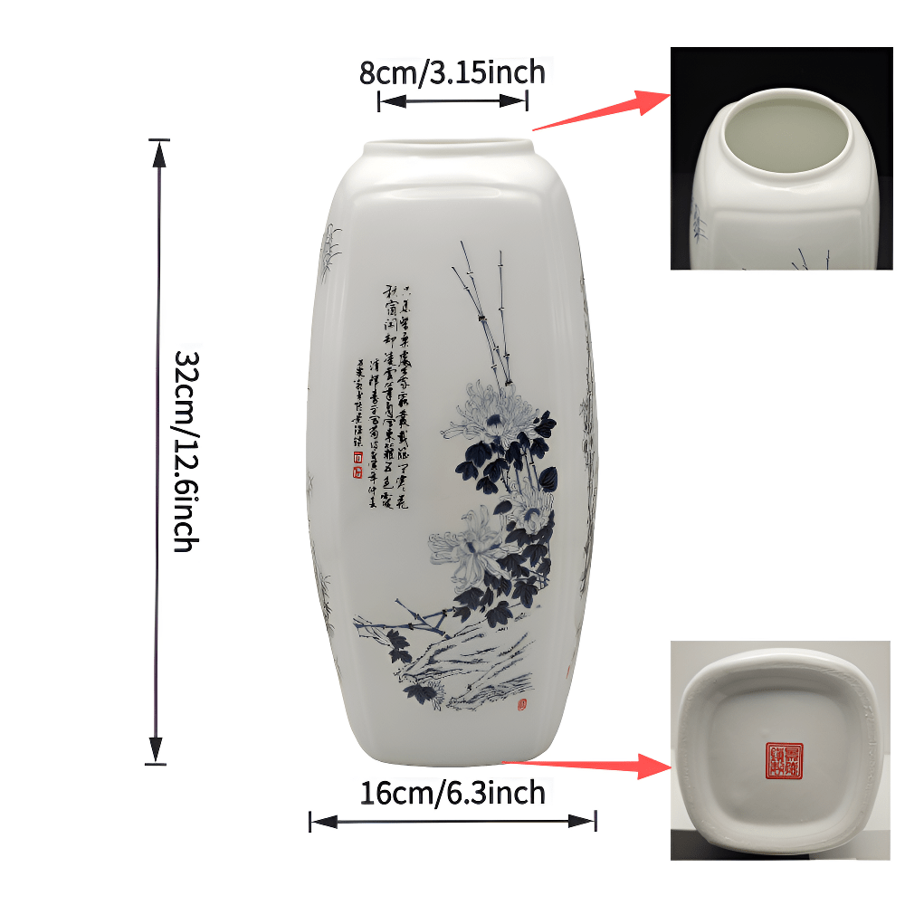 Modern Vase, 12.6inch Ceramic Vase for Home Decor, Flowers, Hydroponic Plants, Wedding, Centerpiece, St Patrick's Day, Easter, Spring Decor, Designer Recommended.Square Ceramic Vase Decorated with the "Four Gentlemen"(Plum, O