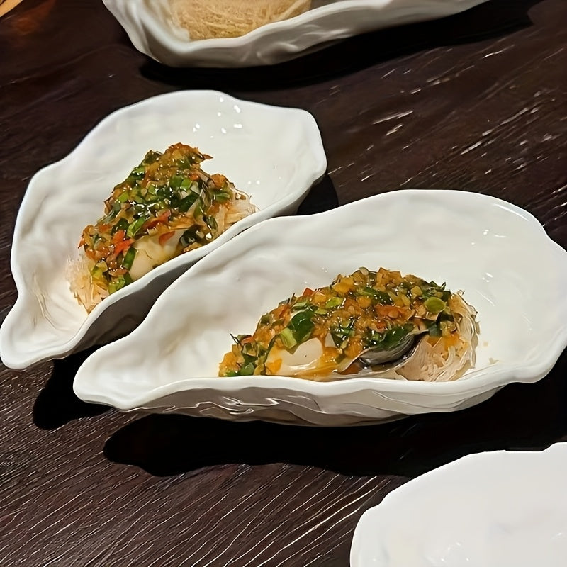 White Shell-Shaped Ceramic Serving Plate Set (2-Piece) – Oyster Design, Microwave Safe