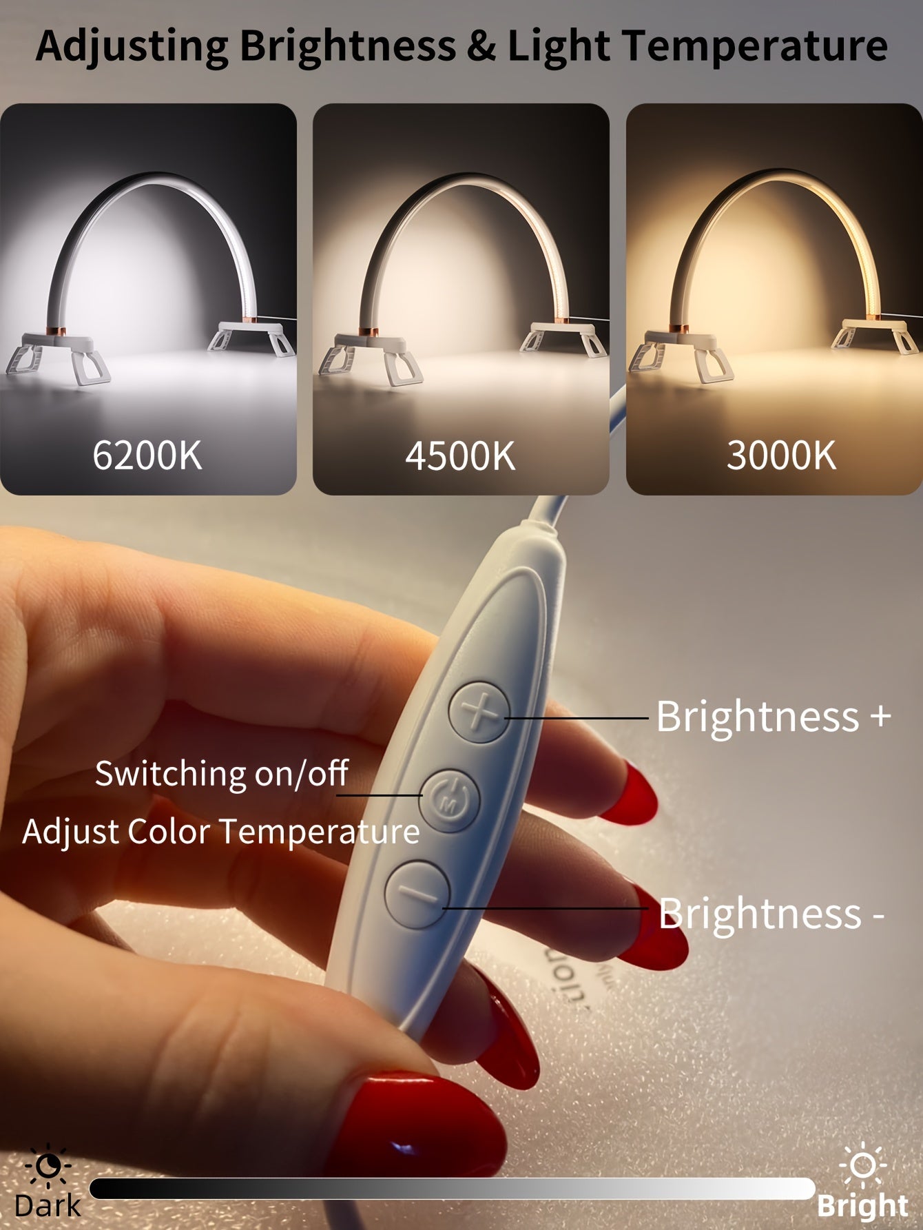 1pc Aluminum Alloy 3 Color Temperatures Dimmable Half-Moon Desk Lamp - USB-Powered Arch Light with Polished Finish for Nail Art, Crafts, Reading & Nightstand Use, Craft Lighting | Sleek Design | Adjustable Brightness, Desk La