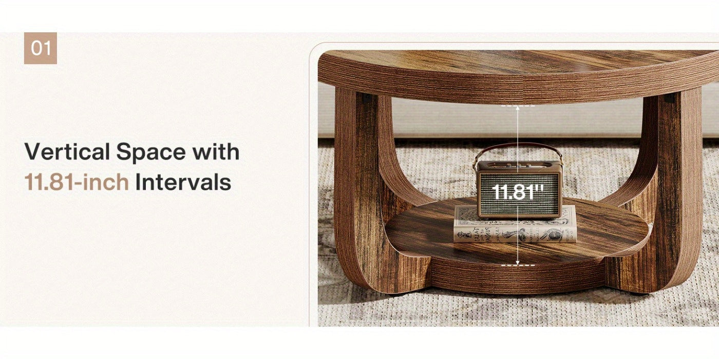 Modern Round Coffee Table with 2-Tier Storage – Rustic Brown Center Table