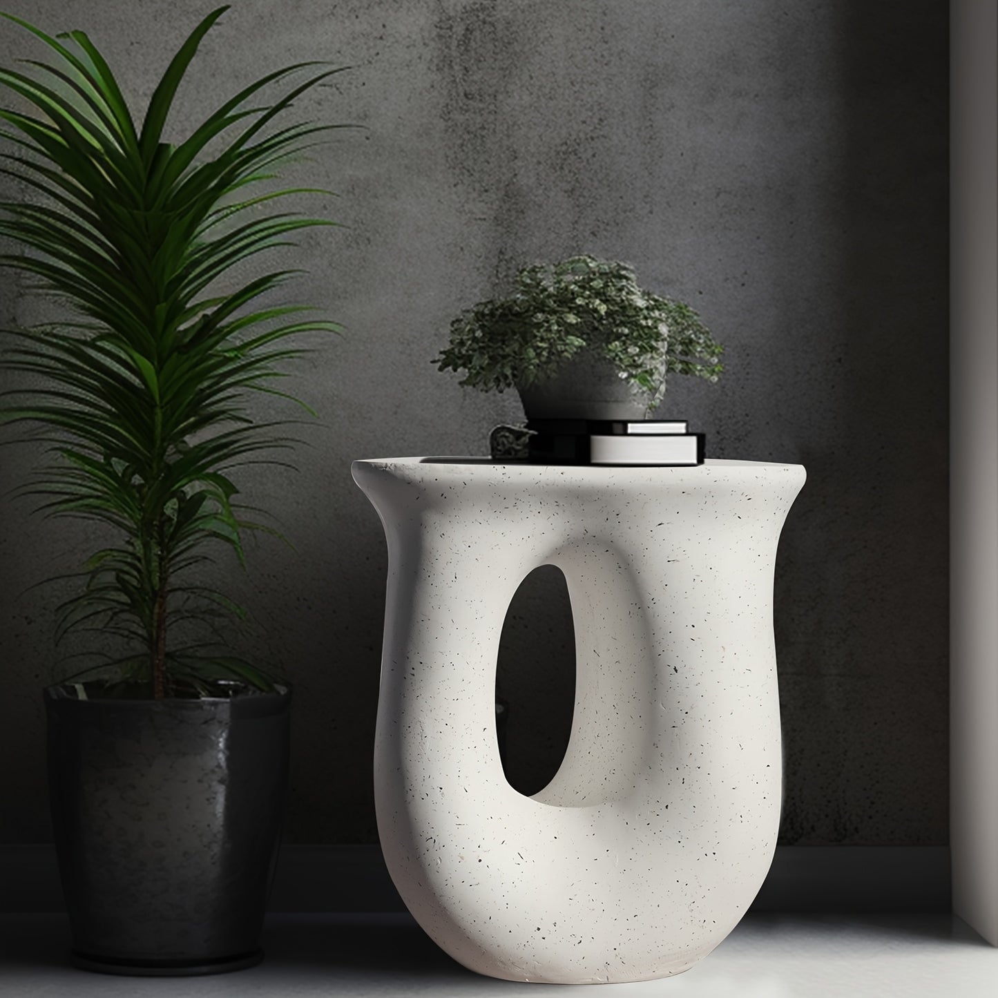 Modern Concrete Garden Stool & Side Table – Terrazzo Accent Plant Table (17.7”)