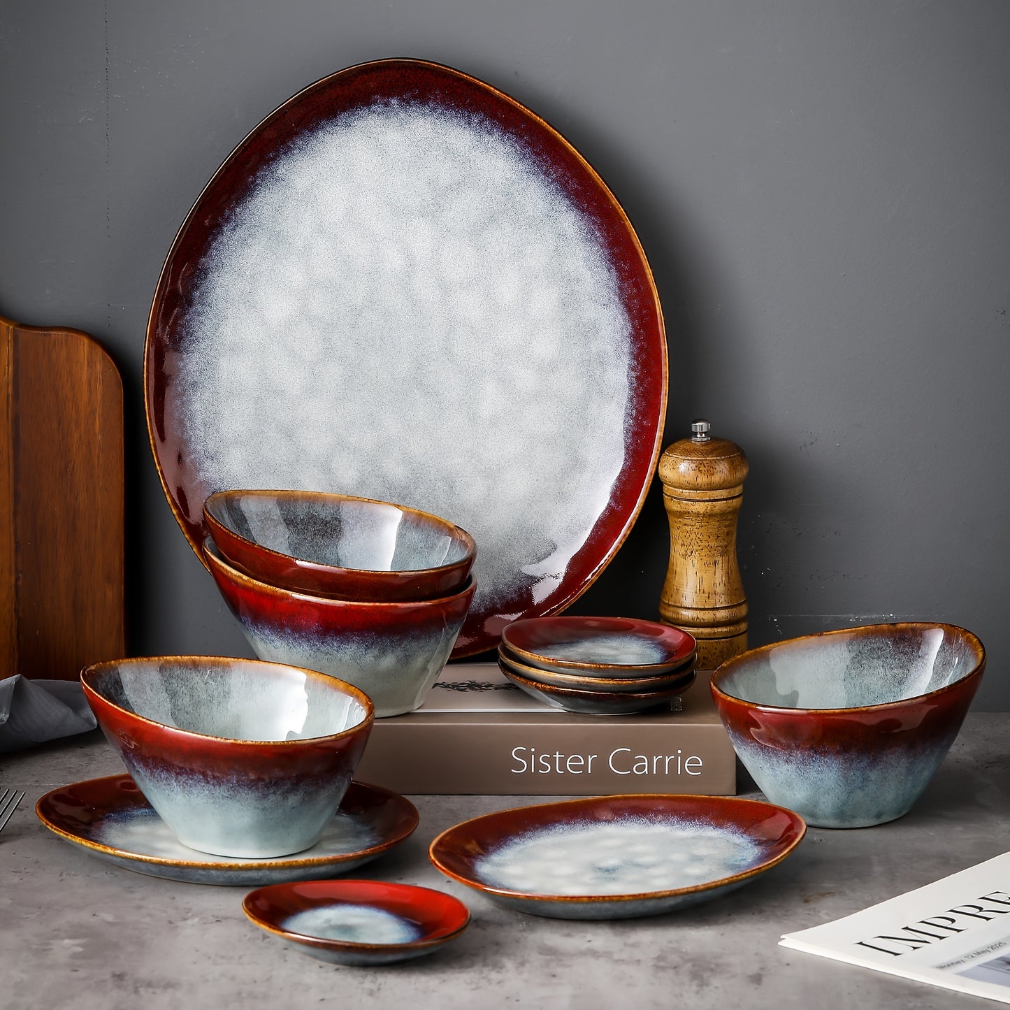Irregular Oval Dinnerware Set (11-Piece) – Serving Platter, Dessert Plates, Bowls & Saucers