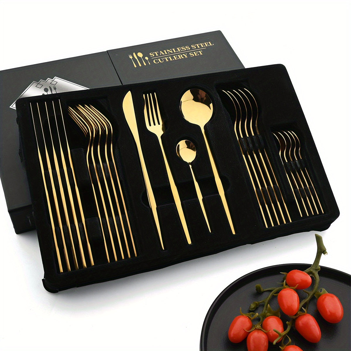 24pcs Black And Golden Elegant Stainless Steel Tableware Set, Including Forks, Knives, Spoons, Service Spoons And Service Forks - Perfect for Holiday Gifts Or High-end Kitchen Decoration, Holiday Tableware with Elegant Design