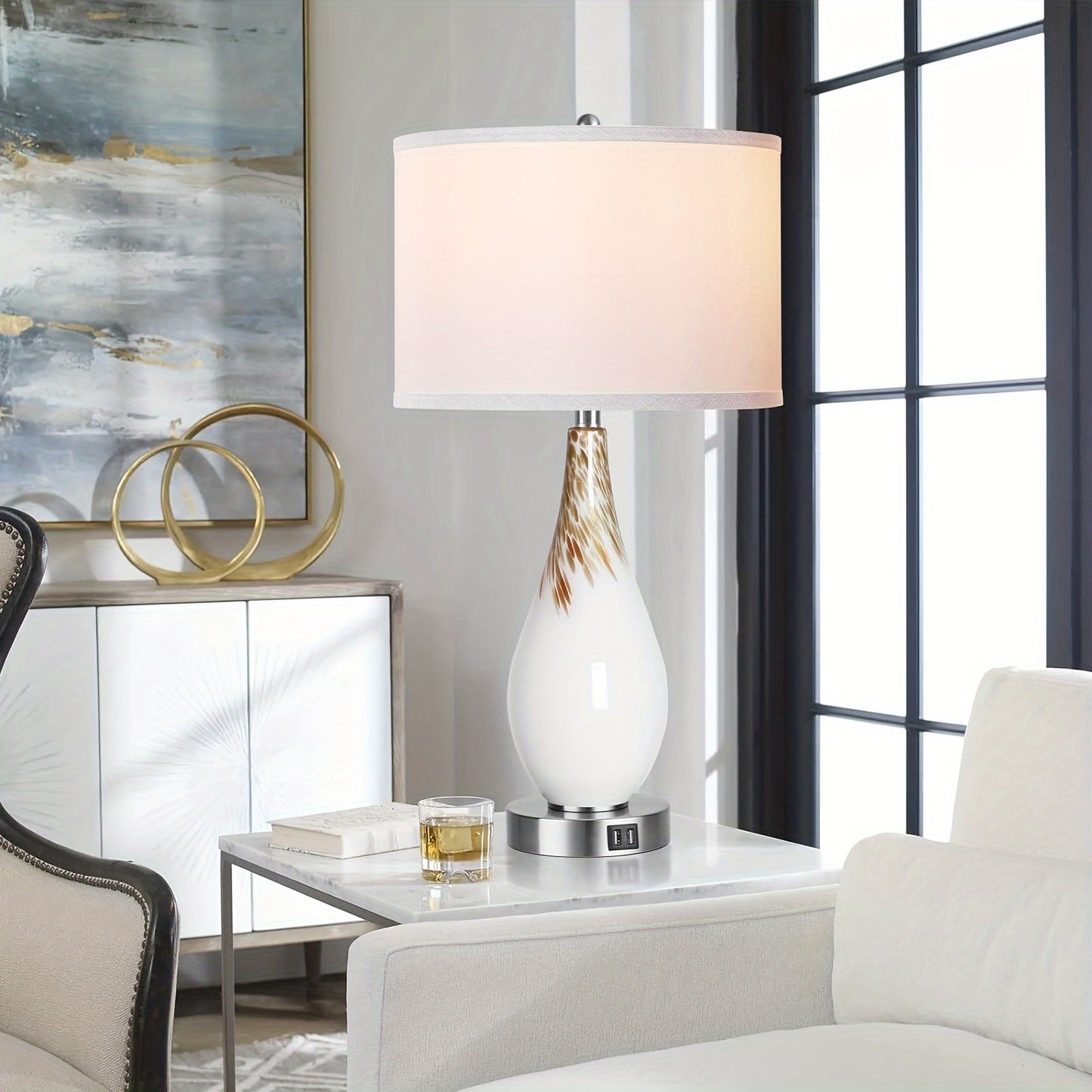 PARTPHONER Touch Control Table Lamps Set of 2, 27.5" Tall Modern Art Glass Bedside Lamp with USB Ports, 3-Way Dimmable Hand Crafted Nightstand Lamps White Drum Shade for Living Room Bedroom Home