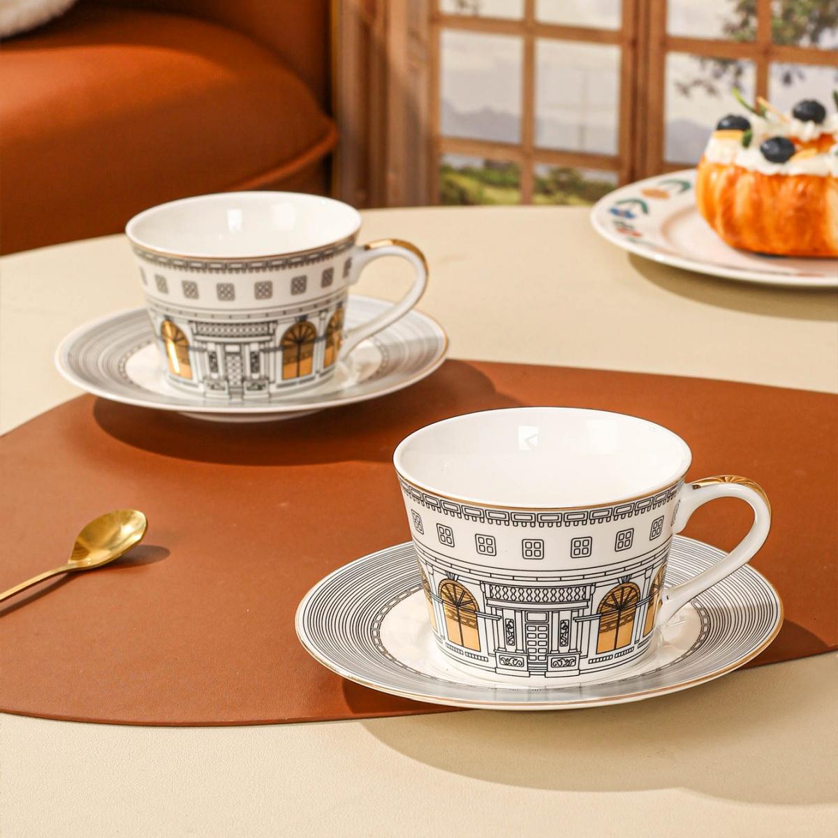 2pcs Set: 1 Cup and 1 Saucer, Ceramic Coffee Cup and Saucer for Home, Kitchen, Dining Room, Living Room, Gift, Drinking Cup, Tea Cup, Cold Drink Cup, Insulated Hot and Cold Mug, Coffee Cup with Saucer. Suitable for Tea, Coffe
