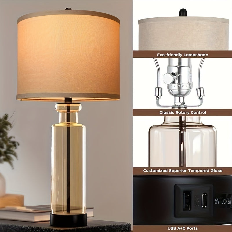 Set of 2 WIHTU Modern Glass Table Lamps - 27'' Brown Farmhouse Lamp with Linen Shade, 3 Color Temperature, USB C & A Ports, Bulbs Included, Perfect for Living Room and Bedside Nightstands