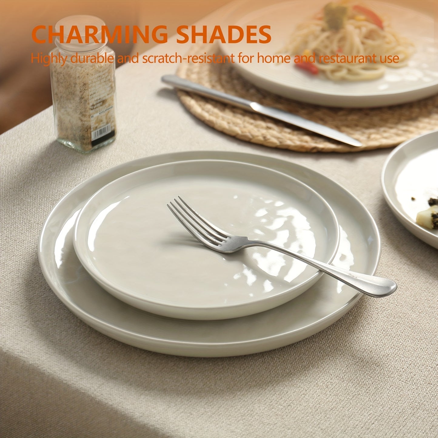 Striped Cream Beige Reactive Glaze Dinnerware Set (12-Piece Ceramic Stoneware)