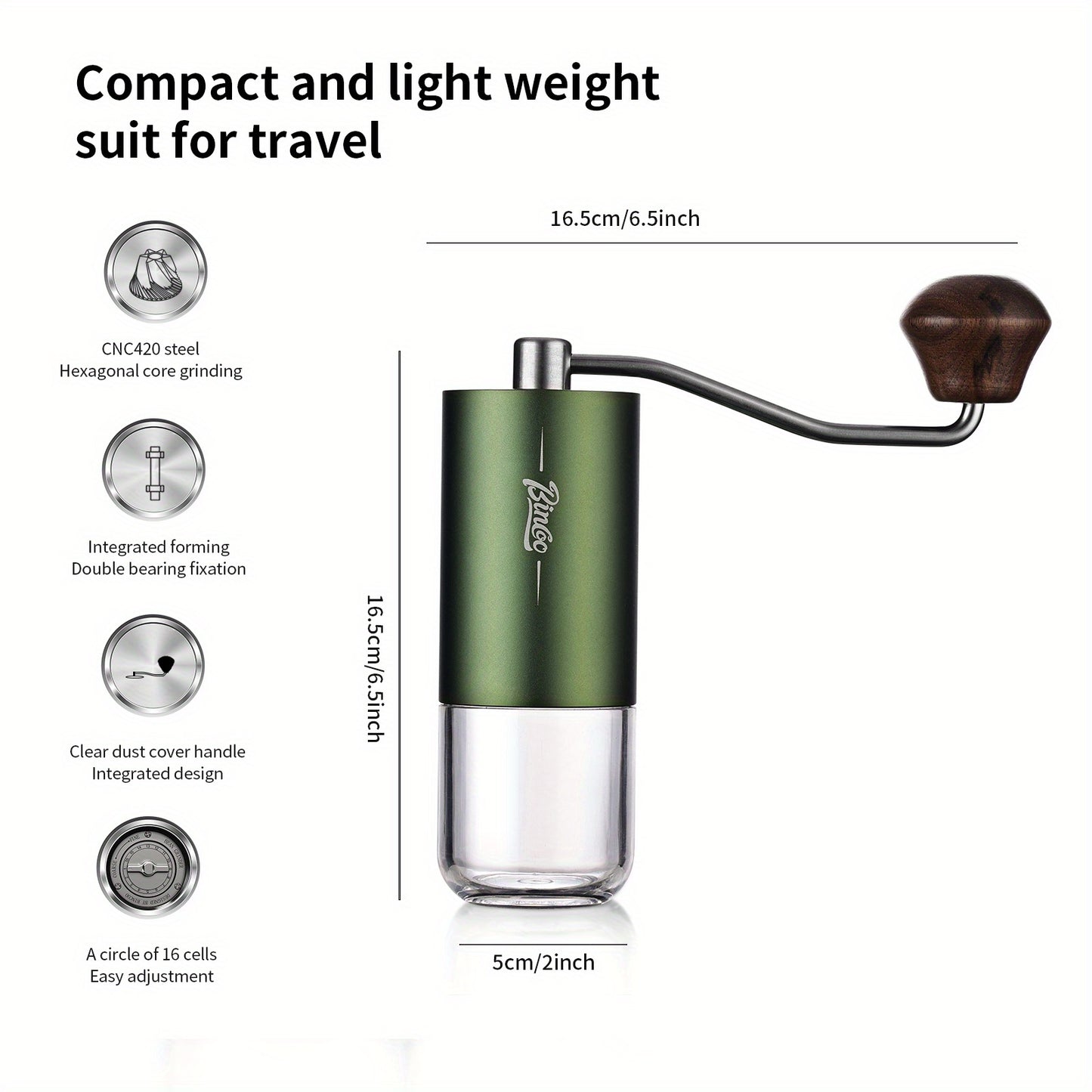 Bincoo Phantom Series Manual Coffee Grinder Featuring 6 Star Steel Burrs, a Portable Hand Crank Mill with Adjustable Grind Settings Suitable for Espresso, Pour Over, French Press, And Drip Coffee, Ideal for Home, Travel, Camp