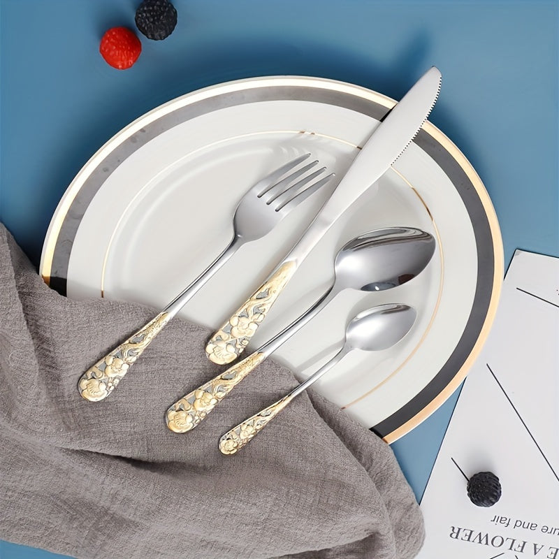 24pcs Stainless Steel Cutlery Set with Patterned Handles in a Gift Box