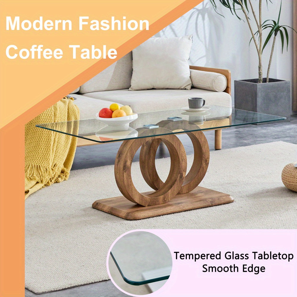 Modern Glass Top Coffee Table – Natural Wood Base Center Table (47.2")