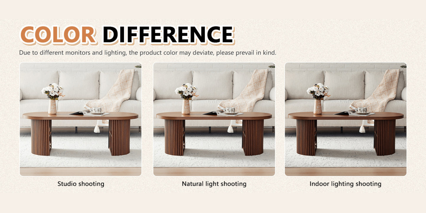 OOval Fluted Coffee Table with Storage – Farmhouse Mid-Century Center Table (47”)