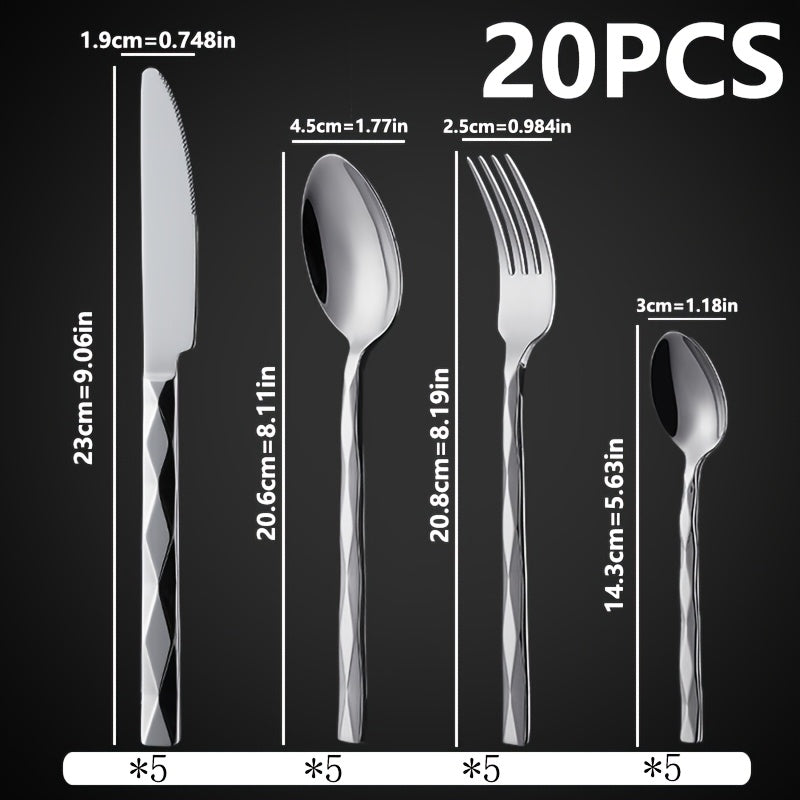 20/40pcs Luxurious Stainless Steel Dinnerware Set | Diamond-Cut Pattern, Elegant Tableware for Kitchen, Home, Weddings, Parties, Christmas, and Housewarming, Polished Mirror End, Dishwasher Safe