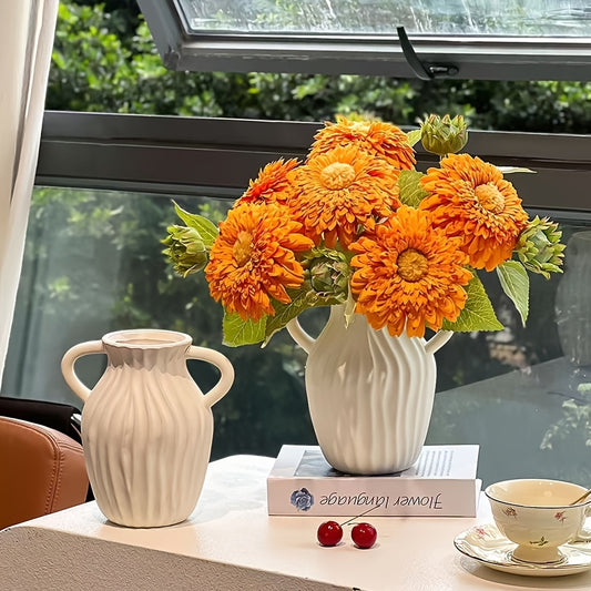 Bohemian Woven-Style Plastic Vase Suitable for Home Decor - Minimalist Striped White Round Cylindrical Vase with Woven Texture, Modern Centerpiece for Wedding Table, Housewarming Gift, Office Desk Arrangement, Plastic Flower