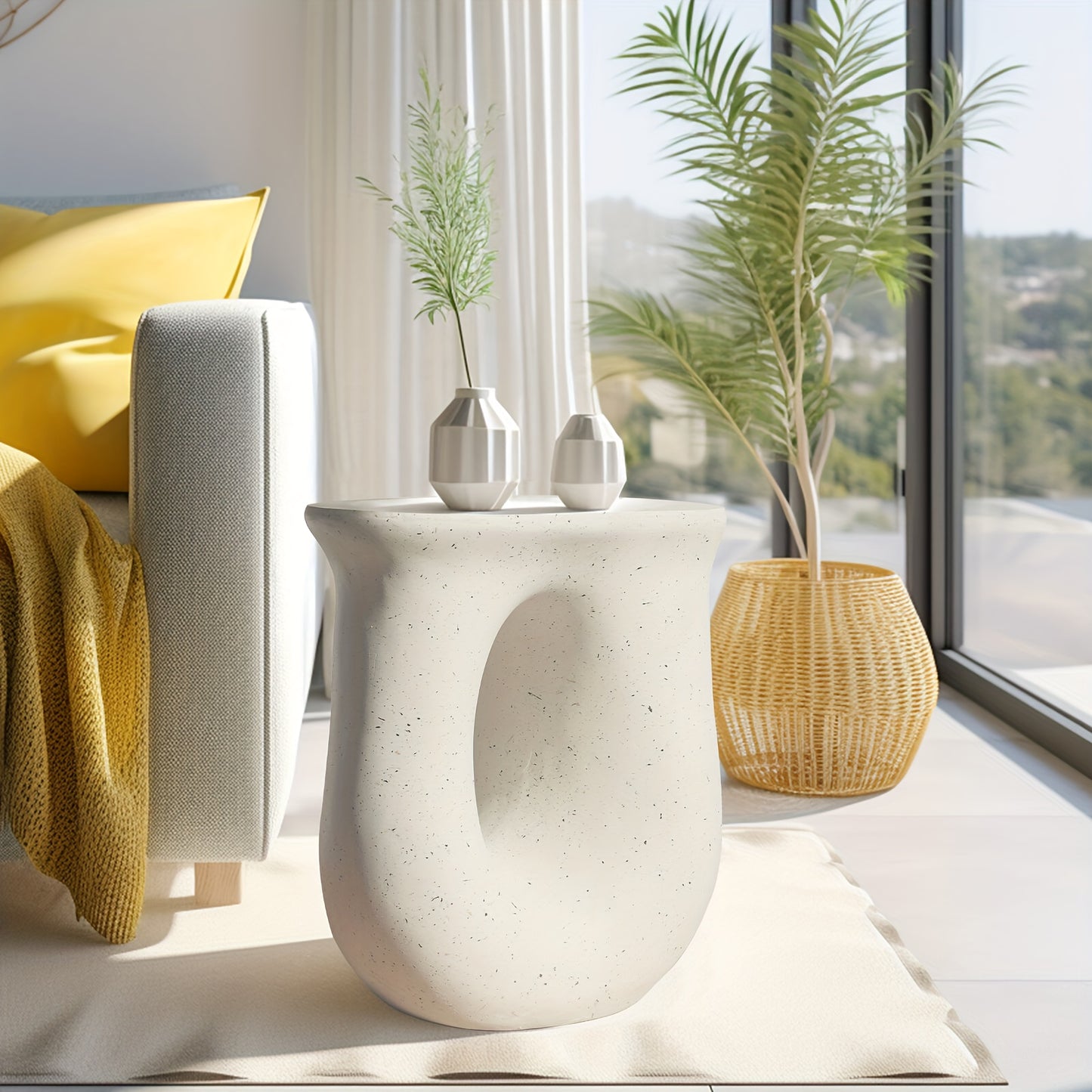 Modern Concrete Garden Stool & Side Table – Terrazzo Accent Plant Table (17.7”)