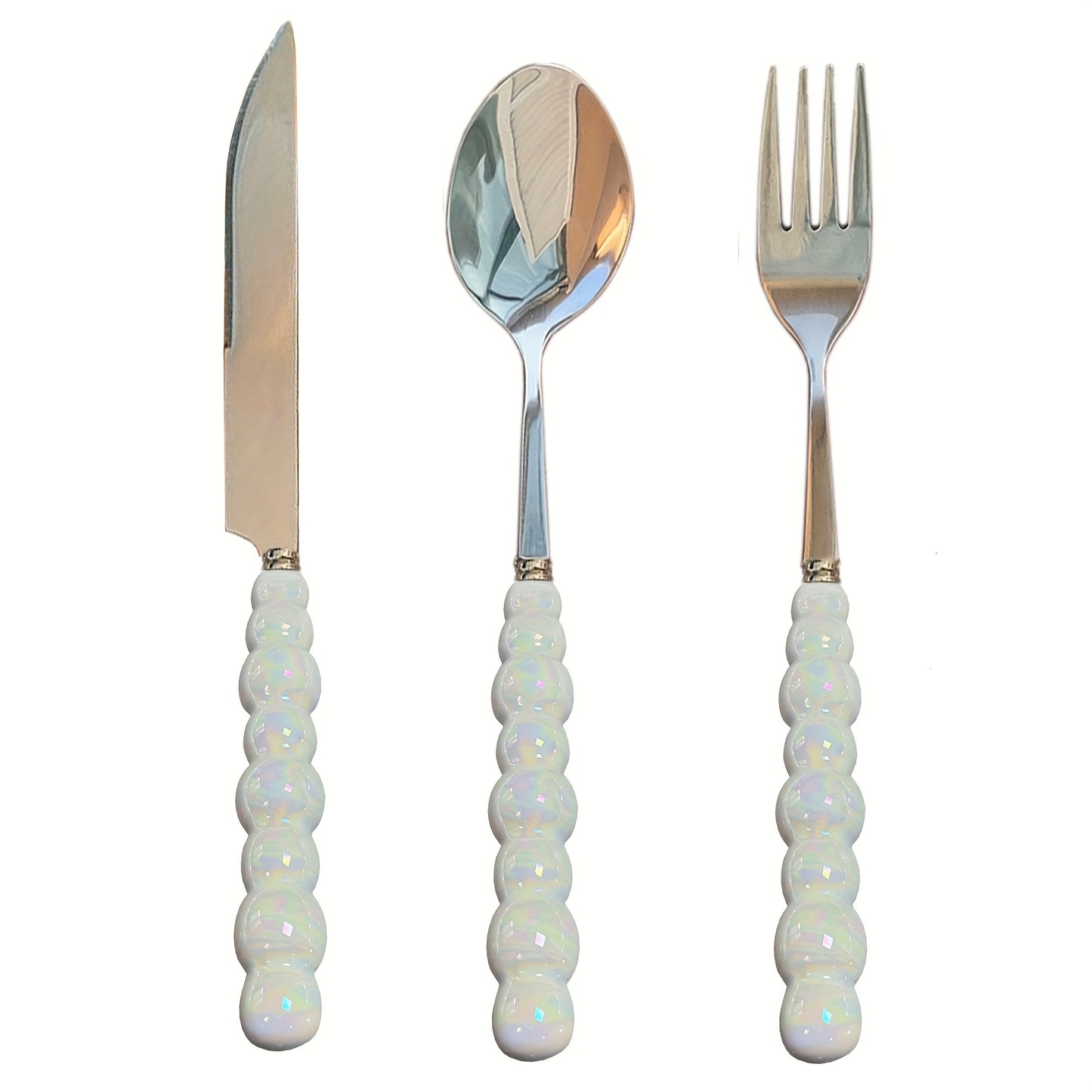 3/4/9/12 Beautiful Pearl-Shaped Stainless Steel Cutlery Sets with Ceramic Handle Table Knives, Dessert Spoons, Forks, and Spoons - Elegant Kitchen Tools and Accessories Perfect for Daily Family Dining, Birthday Parties, and H