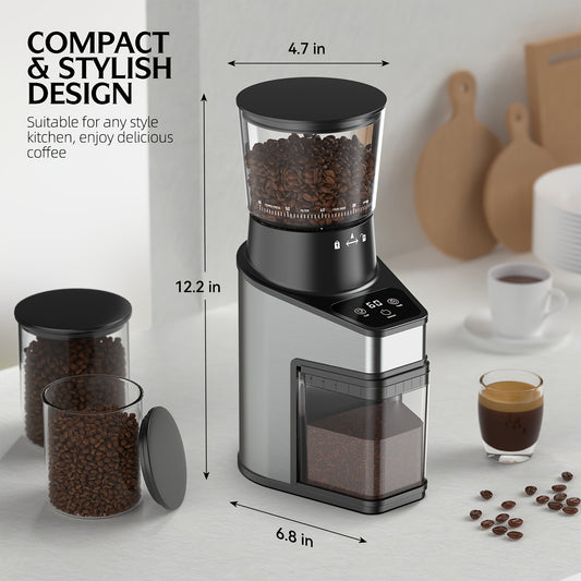 Burr Coffee Grinder with 60 Grinding Settings | Electric Coffee Bean Grinder for Home Use with 60 Seconds Timer, 1-8 Cup Capacity, Touch Screen, Anti-static, 430 Stainless Steel, Black
