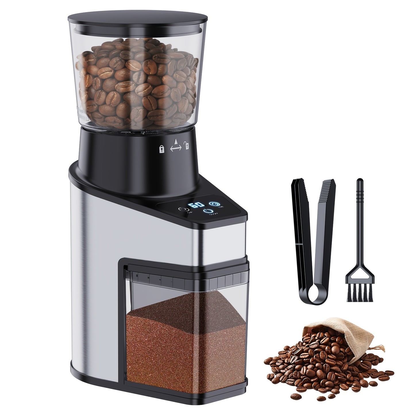 Burr Coffee Grinder with 60 Grinding Settings | Electric Coffee Bean Grinder for Home Use with 60 Seconds Timer, 1-8 Cup Capacity, Touch Screen, Anti-static, 430 Stainless Steel, Black