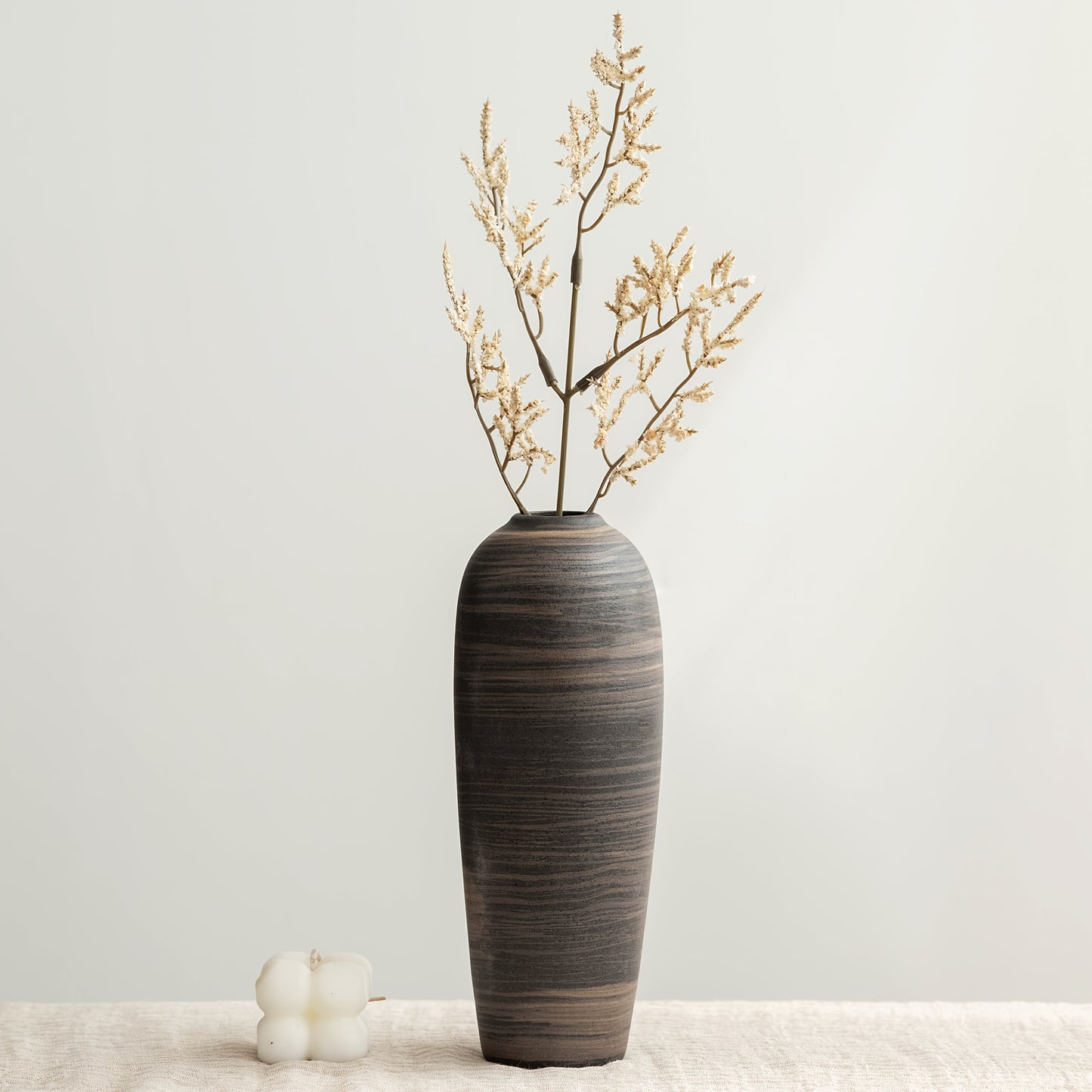[Wabi-Sabi Ceramic Vase] Wabi-Sabi Style Striped Coarse Ceramic Vase. The Unique Stripe Texture and Rustic Tones of the Vase, Paired with Dried , Create a Natural, Serene, and Textured Atmosphere for Living Rooms, Studies, an
