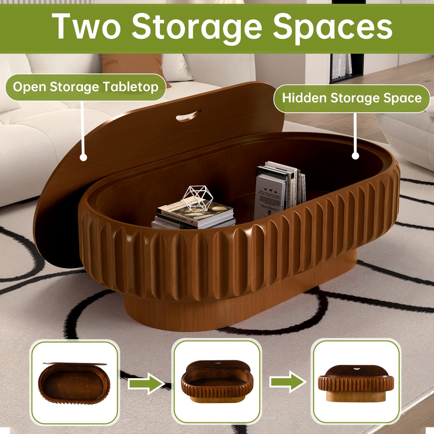 43” Oval Fluted Coffee Table with Storage – Modern Low Drum Center Table