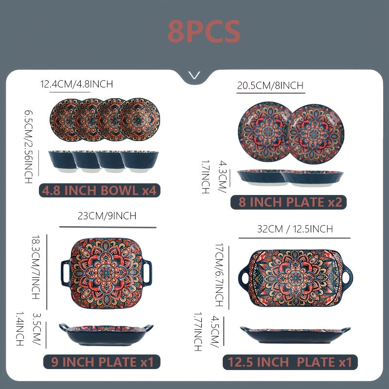 Bohemian Vintage Floral Ceramic Dinnerware Set (8-Piece) – Plates & Bowls