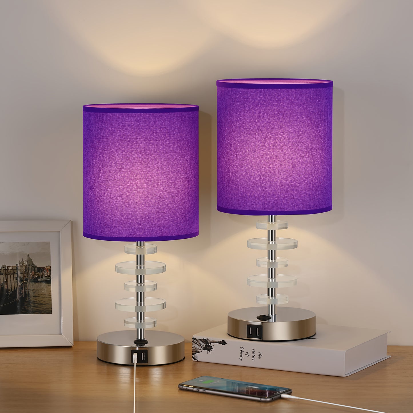 USB Table Lamps Set Of 2, Crystal Bedside Nightstand Lamps with 2 USB Ports, Desk Lamps with Gray Fabric Shade for Bedroom Living Room Office College Dorm