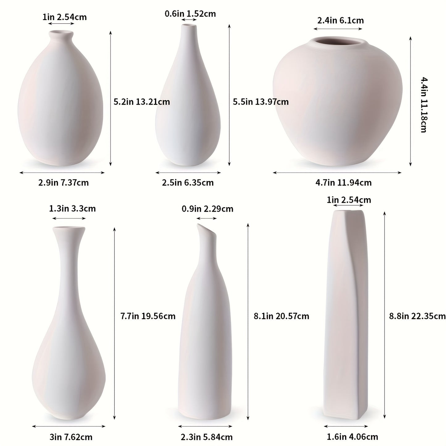 Set of 6 Small White Ceramic Vases - Modern Rustic Decor for Living Room, Office, Bookshelf, and Entryway Centerpieces