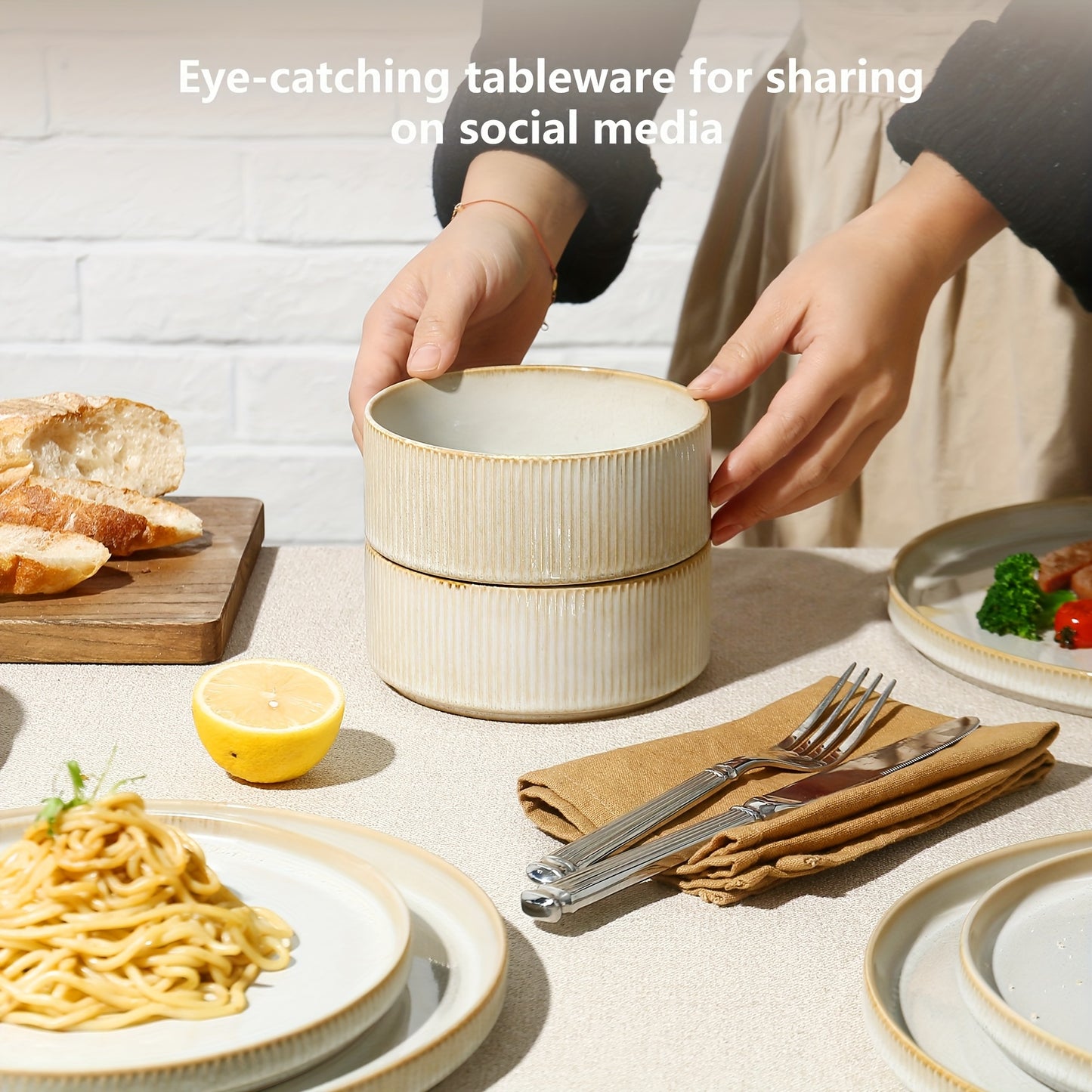 Striped Cream Beige Reactive Glaze Dinnerware Set (12-Piece Ceramic Stoneware)