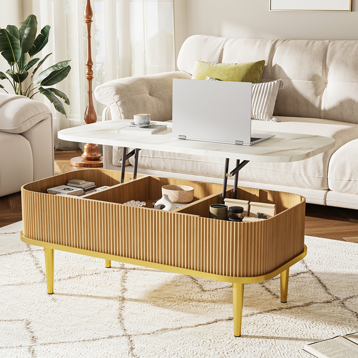 Lift-Top Coffee Table – Modern Oval Center Table with Storage (Walnut & Black)