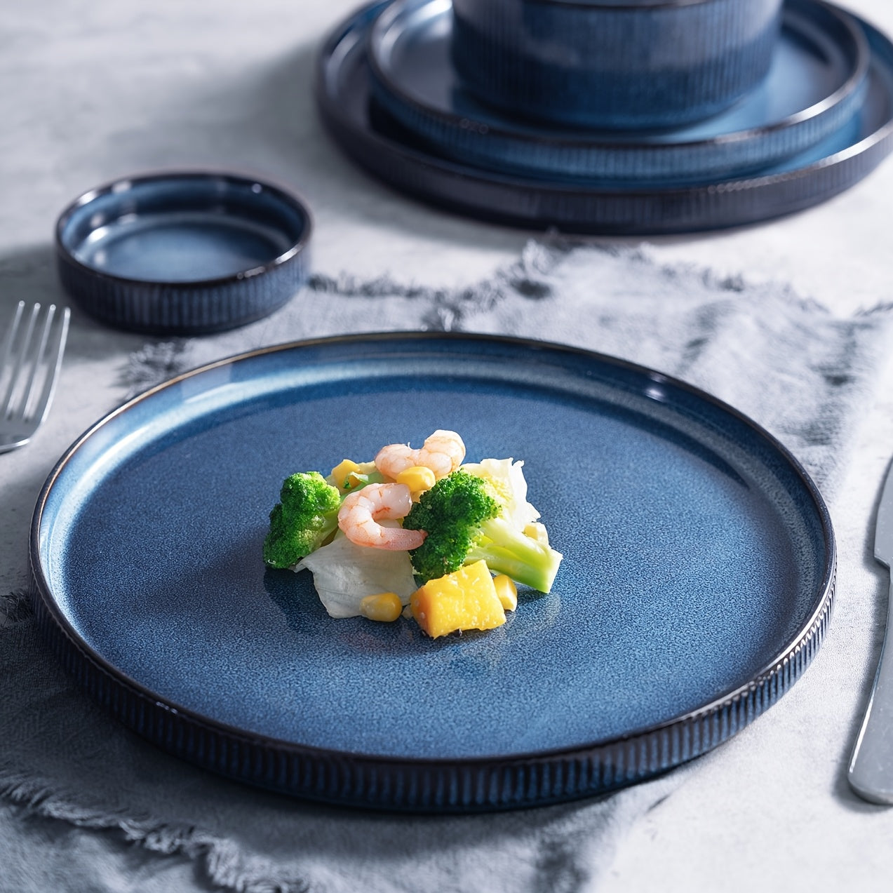 Ribbed Stoneware Dinnerware Set (12-Piece) – Plates & Bowls for 4, Microwave Safe