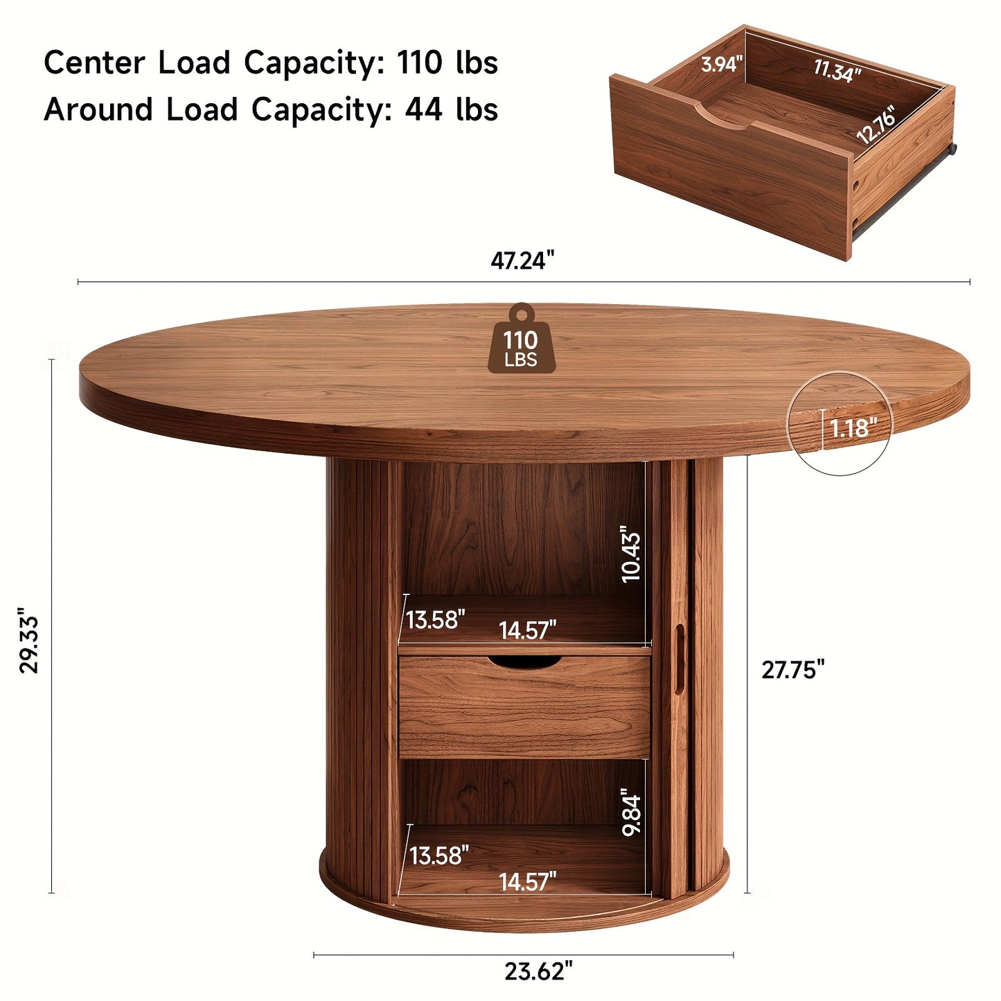 Round Dining Table with Storage – Sliding Doors & Drawer (47”)