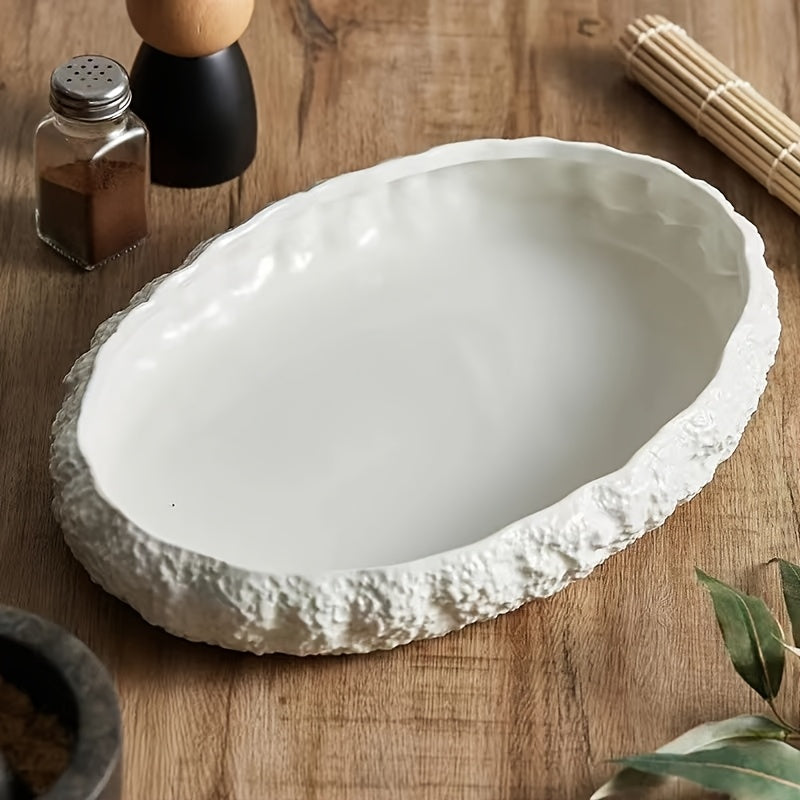 Large Oval Rock-Texture Ceramic Serving Plate – Elegant White Seafood Platter