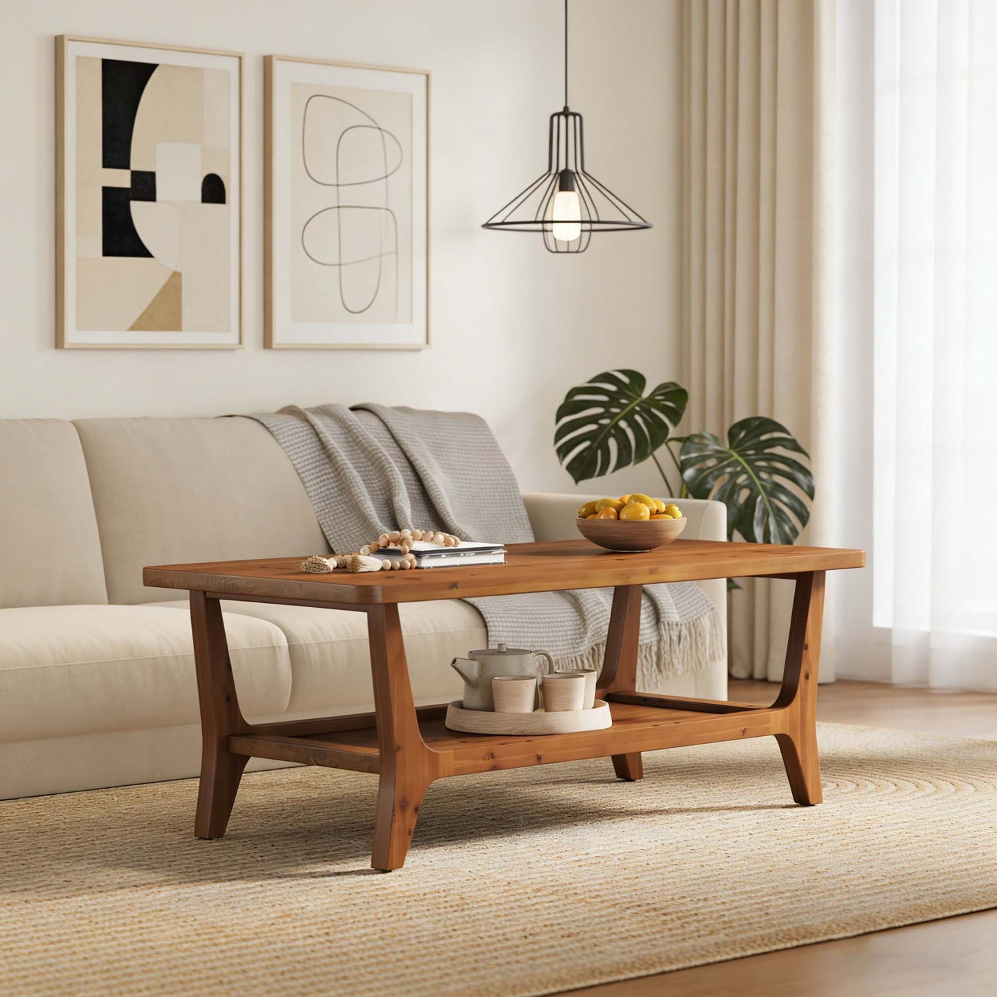 47” Modern Wooden Coffee Table – 2-Tier Storage Shelf, Mocha Brown Center Table