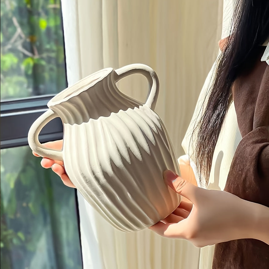 Bohemian Woven-Style Plastic Vase Suitable for Home Decor - Minimalist Striped White Round Cylindrical Vase with Woven Texture, Modern Centerpiece for Wedding Table, Housewarming Gift, Office Desk Arrangement, Plastic Flower