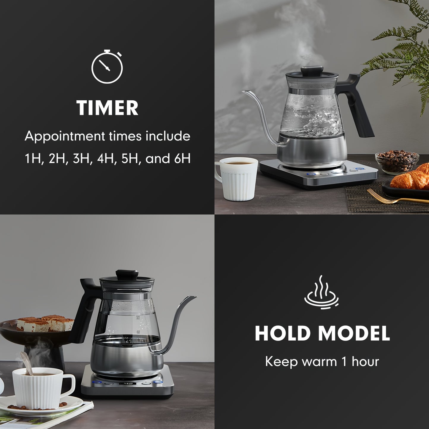 Electric Gooseneck Glass Kettle with Temperature Control, 1200W Rapid Boiling Electric Kettle for Pour-Over Tea Coffee, LCD Display, 1H Keep Warm, 0.8L, Silvery