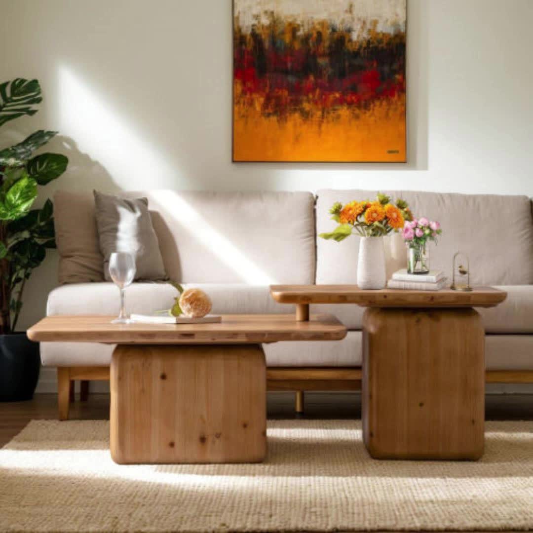 Vintage Wood-Grain Coffee Table Set of 2 – Natural Nesting Tables for Living Room