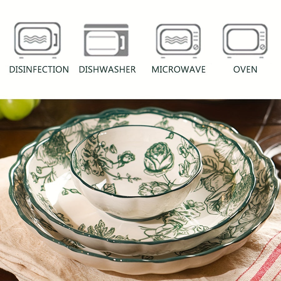 Vintage Green Rose Ceramic Dinnerware Set (6-Piece) – Plates & Bowls