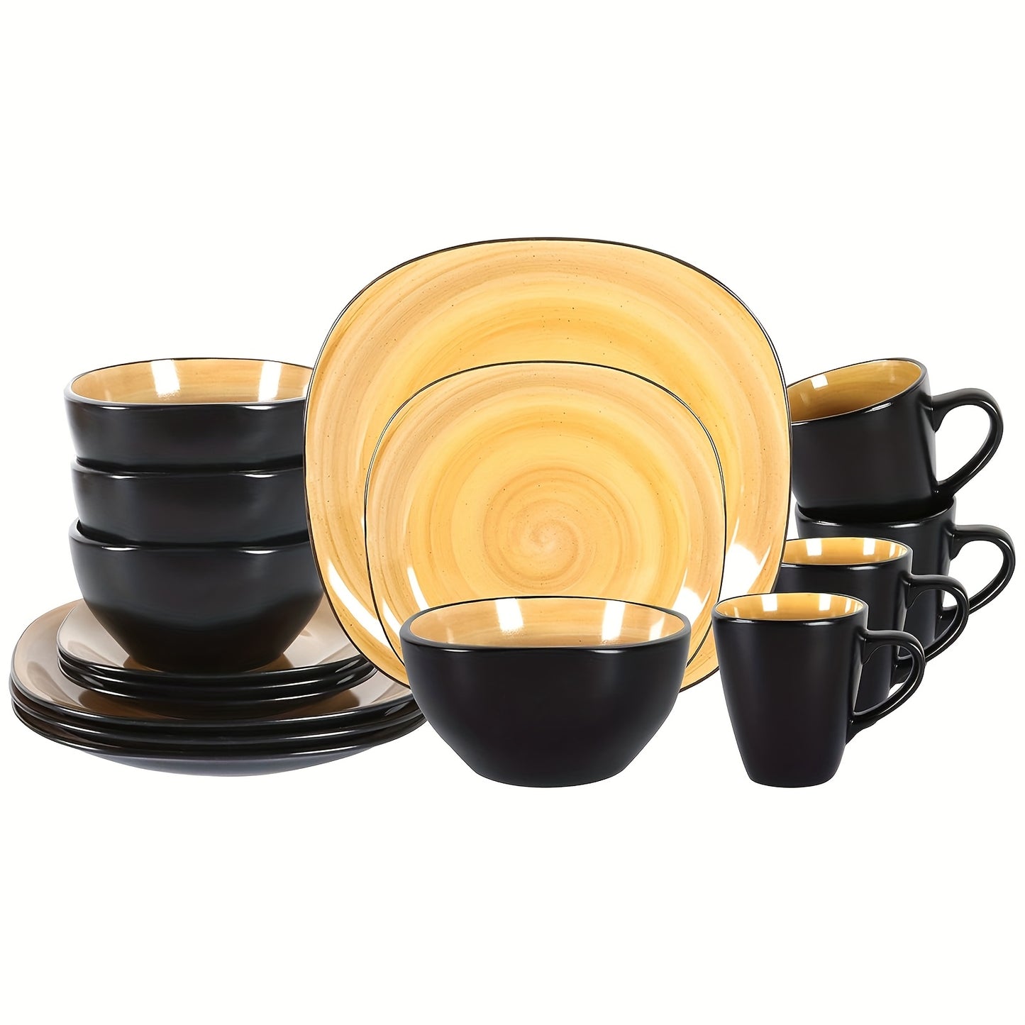 Hand-Brushed Square Stoneware Dinnerware Set (16-Piece) – Black Trim Plates & Bowls for 4