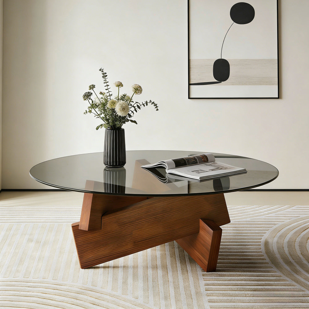 Round Coffee Table with Tempered Glass Top – Walnut Frame Modern Center Table